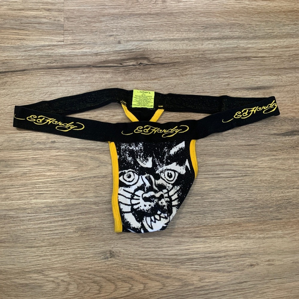 Ed Hardy Mens Vintage Tiger Print Thong Underwear Black Yellow XL 40-42